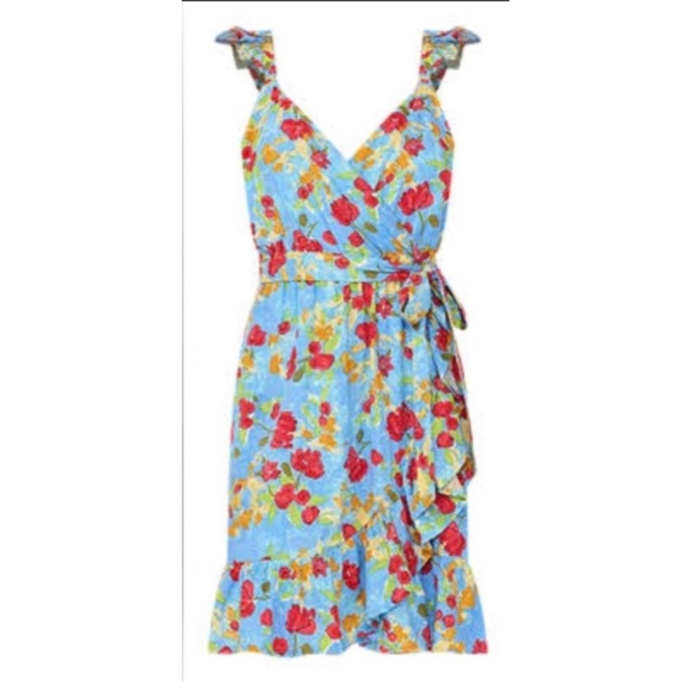 LC Lauren Conrad Summer Picnic Blue Red Floral Faux‎ Wrap Ruffle Dress M EUC - Picture 12 of 16